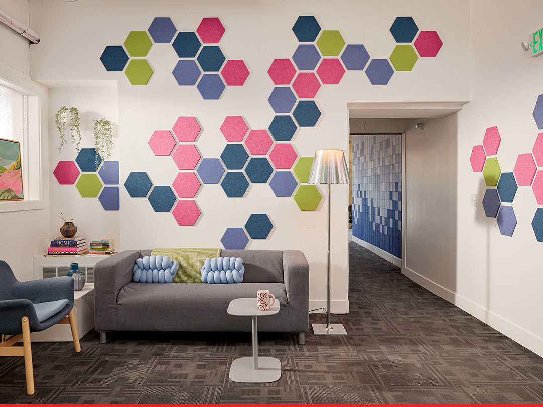 Modern living room with colorful geometric wall art
