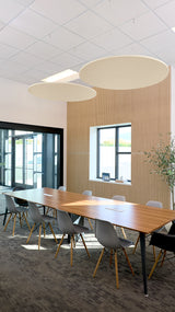 Two round cream-colored acoustic baffles suspended from ceiling in modern office space above wooden table.