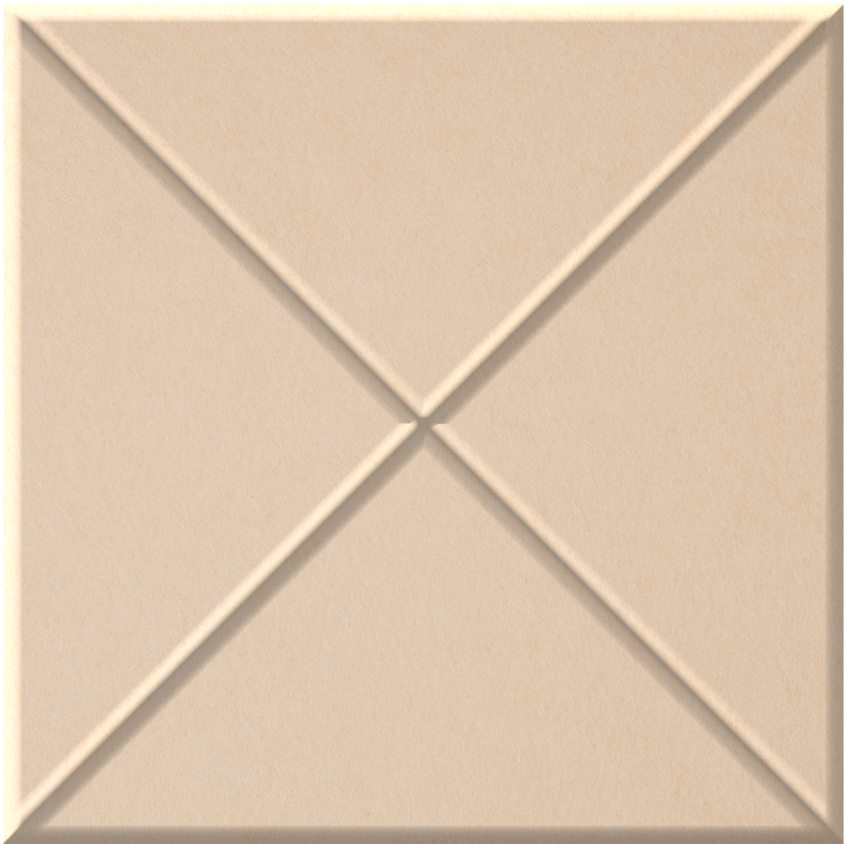 Beige ceramic tile with raised cross pattern dividing surface into four triangular sections.