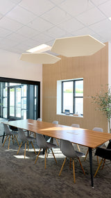 Two beige hexagonal acoustic ceiling panels suspended above a conference table in an office meeting room.