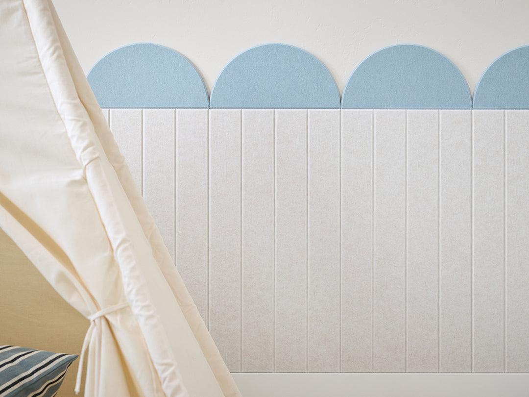 Powder Blue and Latte wainscoting design in a kids playroom area