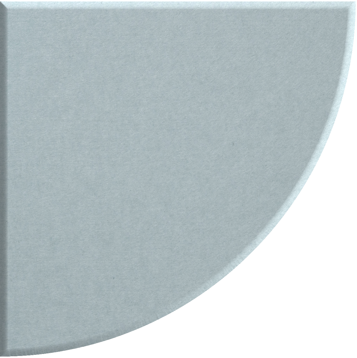 Light blue-gray ceramic tile with curved quarter-circle edge and matte finish.