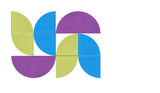 Geometric design with overlapping semicircles in lime green, blue, and purple arranged in a grid pattern.