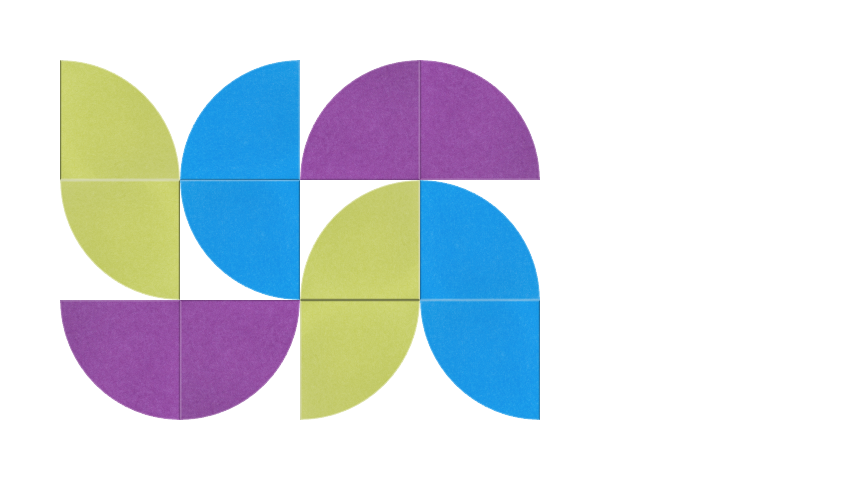 Geometric design with overlapping semicircles in lime green, blue, and purple arranged in a grid pattern.