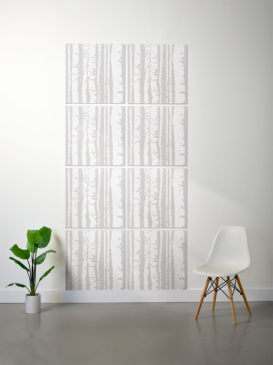Aspen printed patterned tiles on white wall in Fog