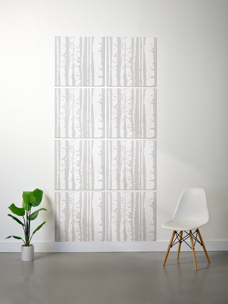 Aspen printed patterned tiles on white wall in Fog
