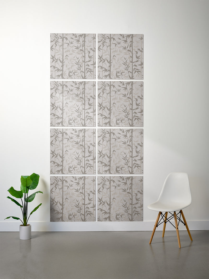 Bamboo printed patterned tiles on white wall in Fog