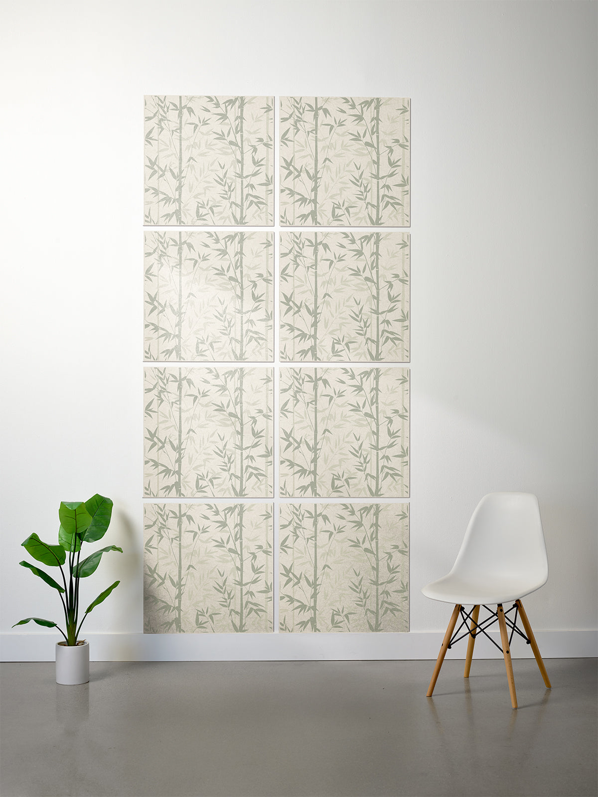 Bamboo printed patterned tiles on white wall in Ivory