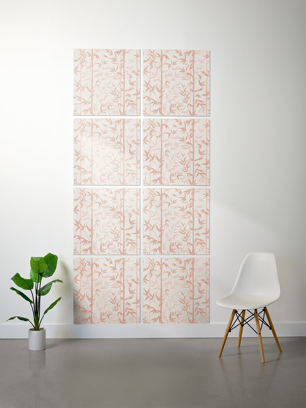 Bamboo printed patterned tiles on white wall in indigo