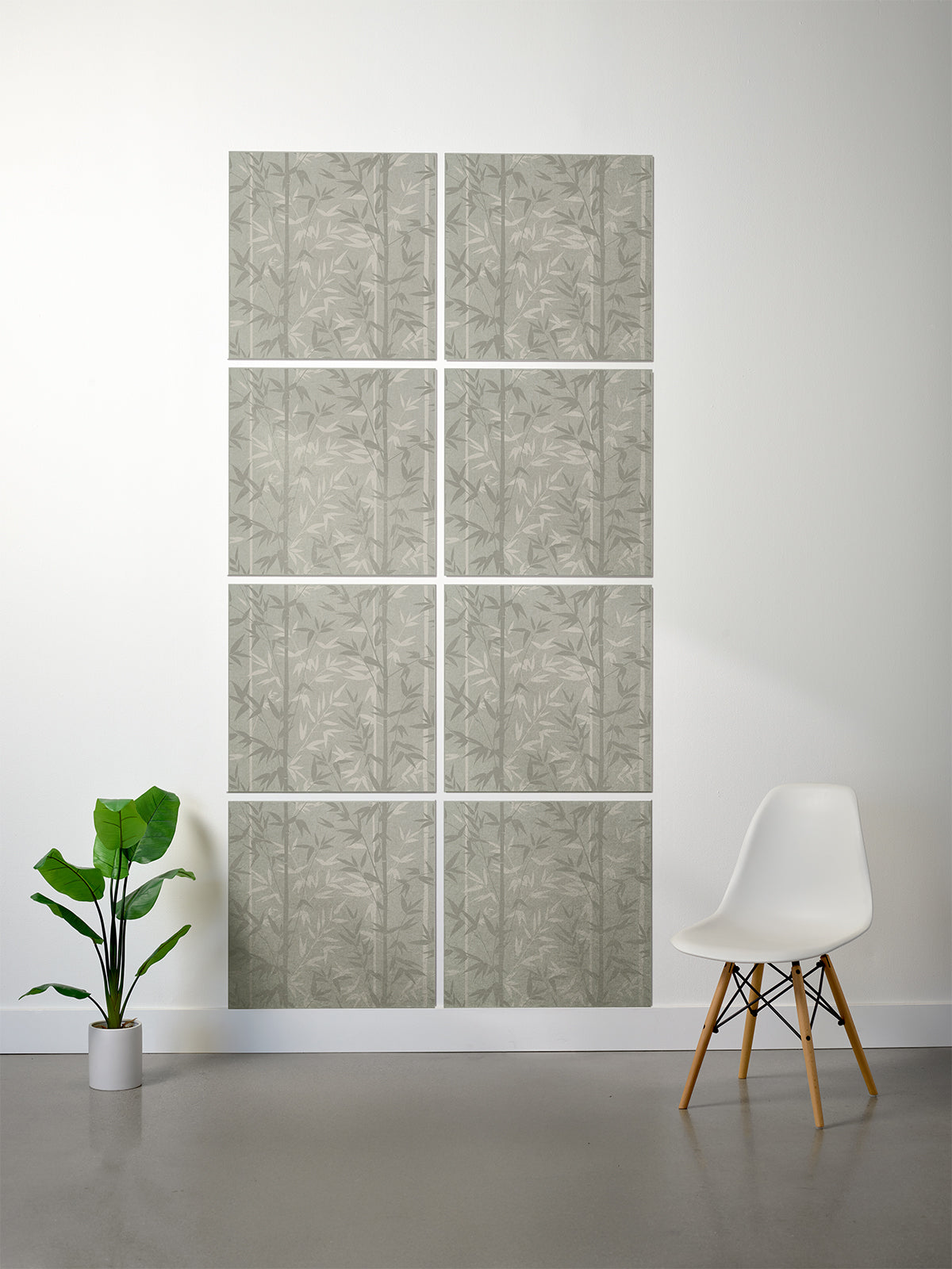 Bamboo printed patterned tiles on white wall in Sage