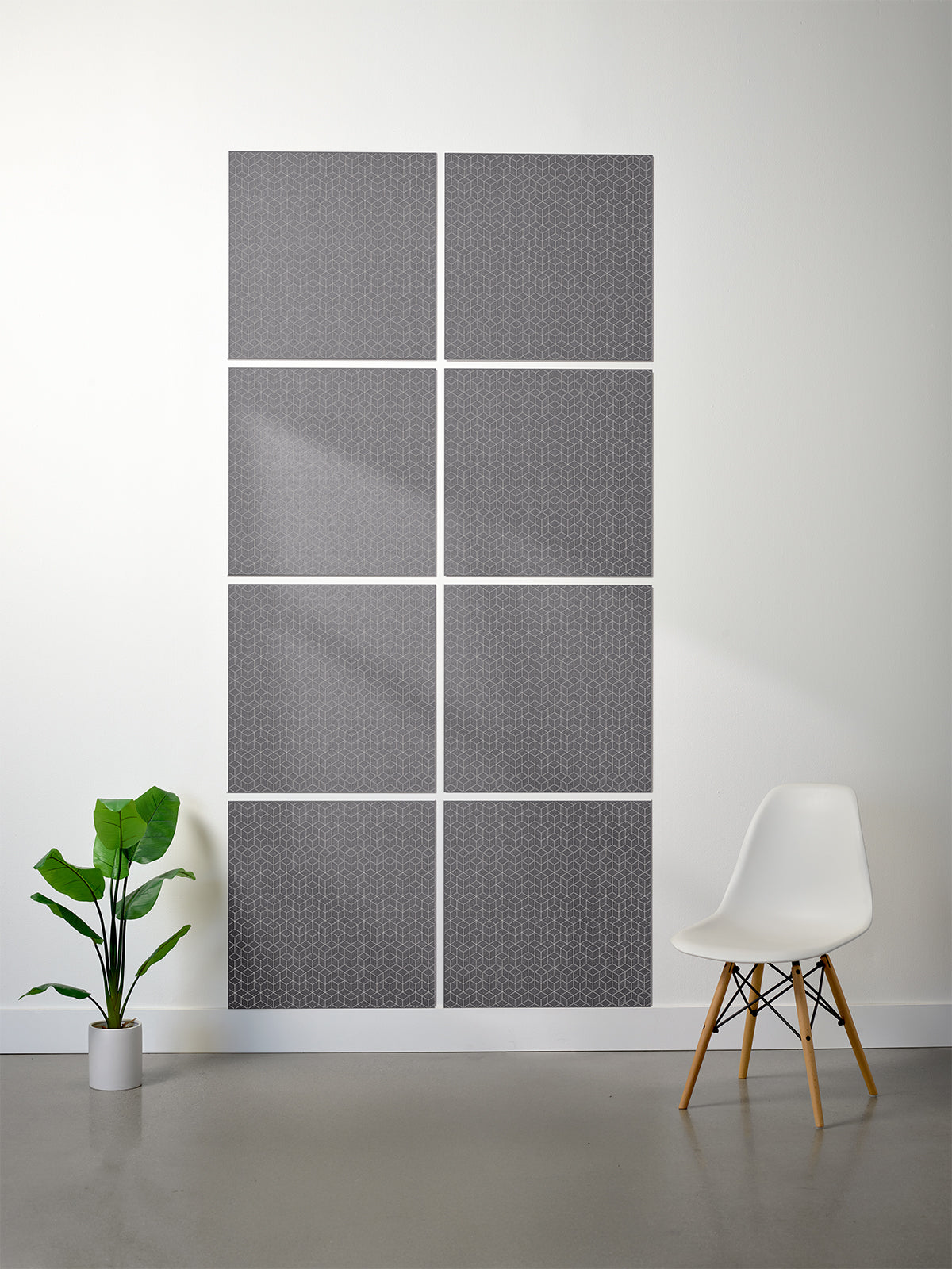 Geo printed patterned tiles on white wall in armor

