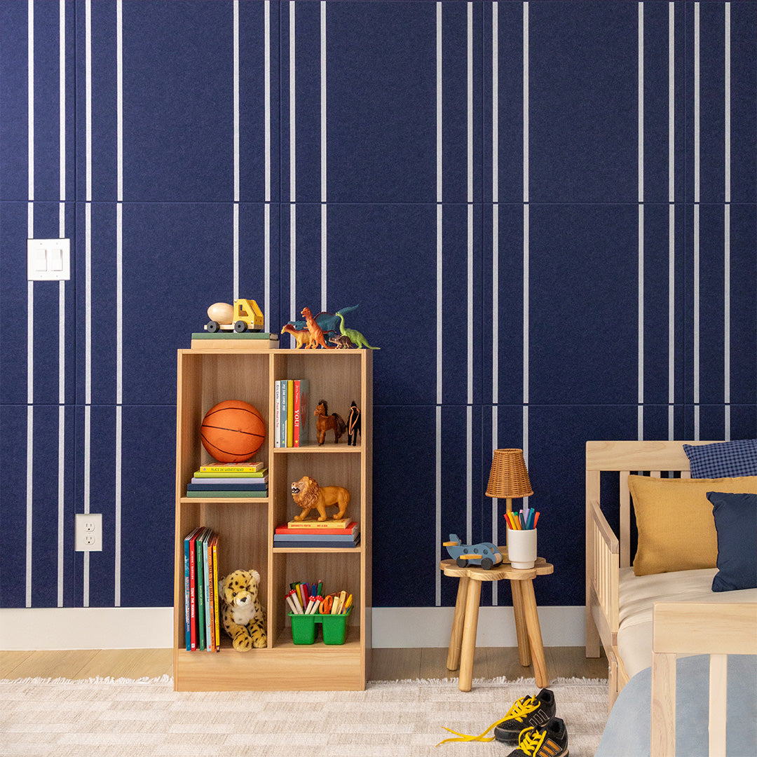 Navy blue tile with white vertical pinstripes in 2'x2' size.