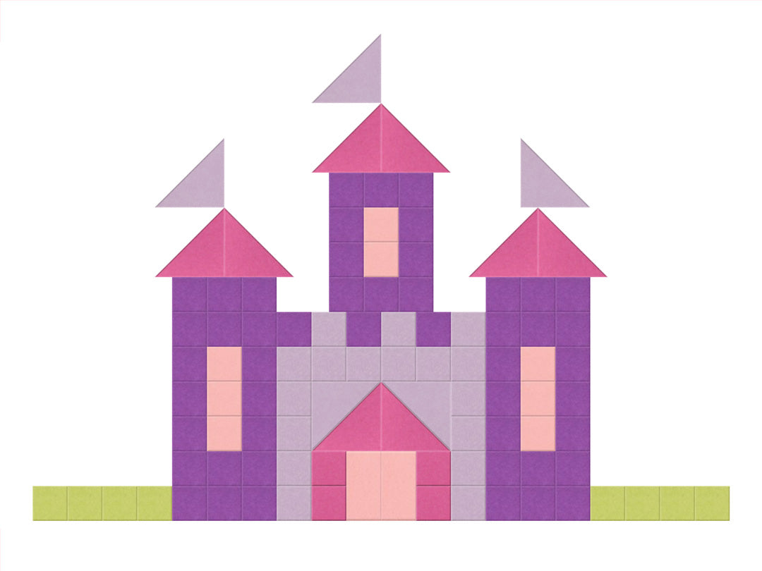 Colorful castle made of interlocking bricks on a white background