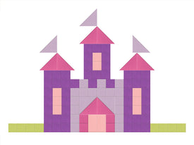 Colorful castle made of interlocking bricks on a white background