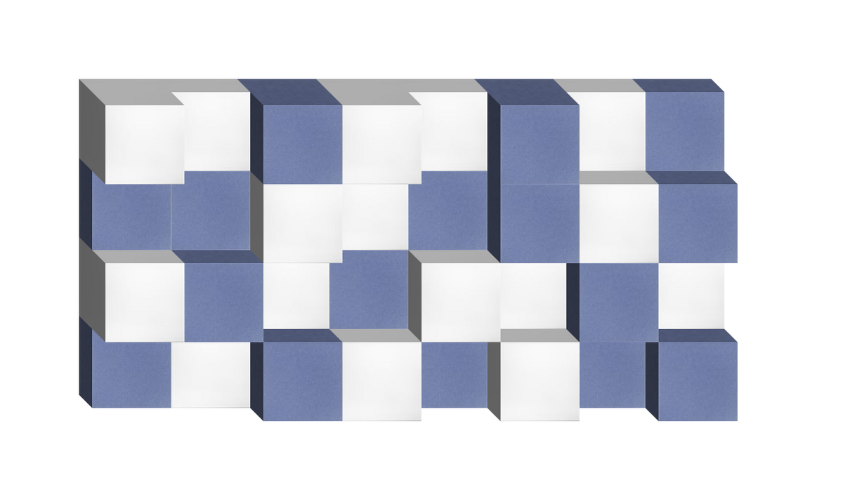 Three-dimensional geometric wall art with alternating periwinkle blue, white, and gray checkered cube pattern.