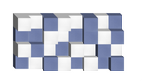 Three-dimensional geometric wall art with alternating periwinkle blue, white, and gray checkered cube pattern.