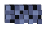 Three-dimensional abstract design composed of blue and black cubic blocks arranged in a grid pattern.