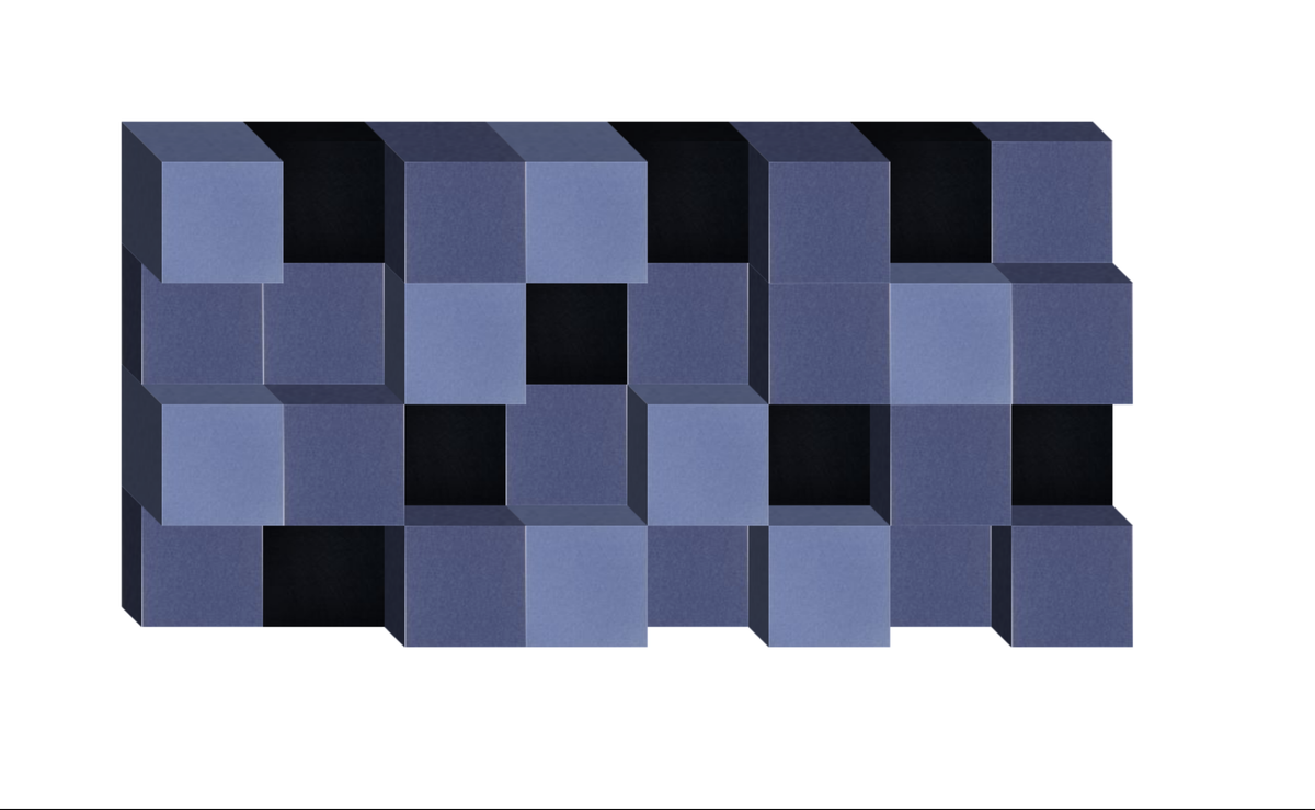 Three-dimensional abstract design composed of blue and black cubic blocks arranged in a grid pattern.