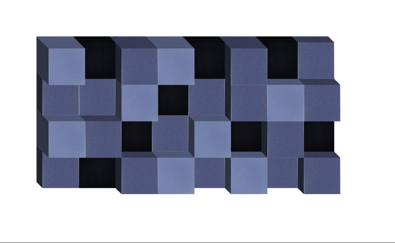 Three-dimensional abstract design composed of blue and black cubic blocks arranged in a grid pattern.