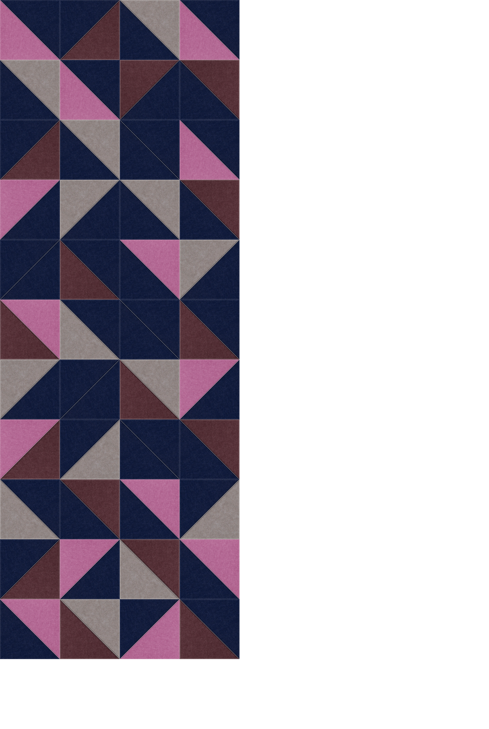 Geometric patchwork pattern in navy, pink, burgundy, and gray triangles arranged in repeating diamond shapes.