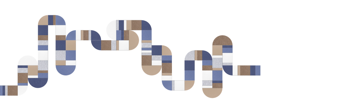 Geometric block pattern in blue, tan, and white forming abstract shapes and lines.