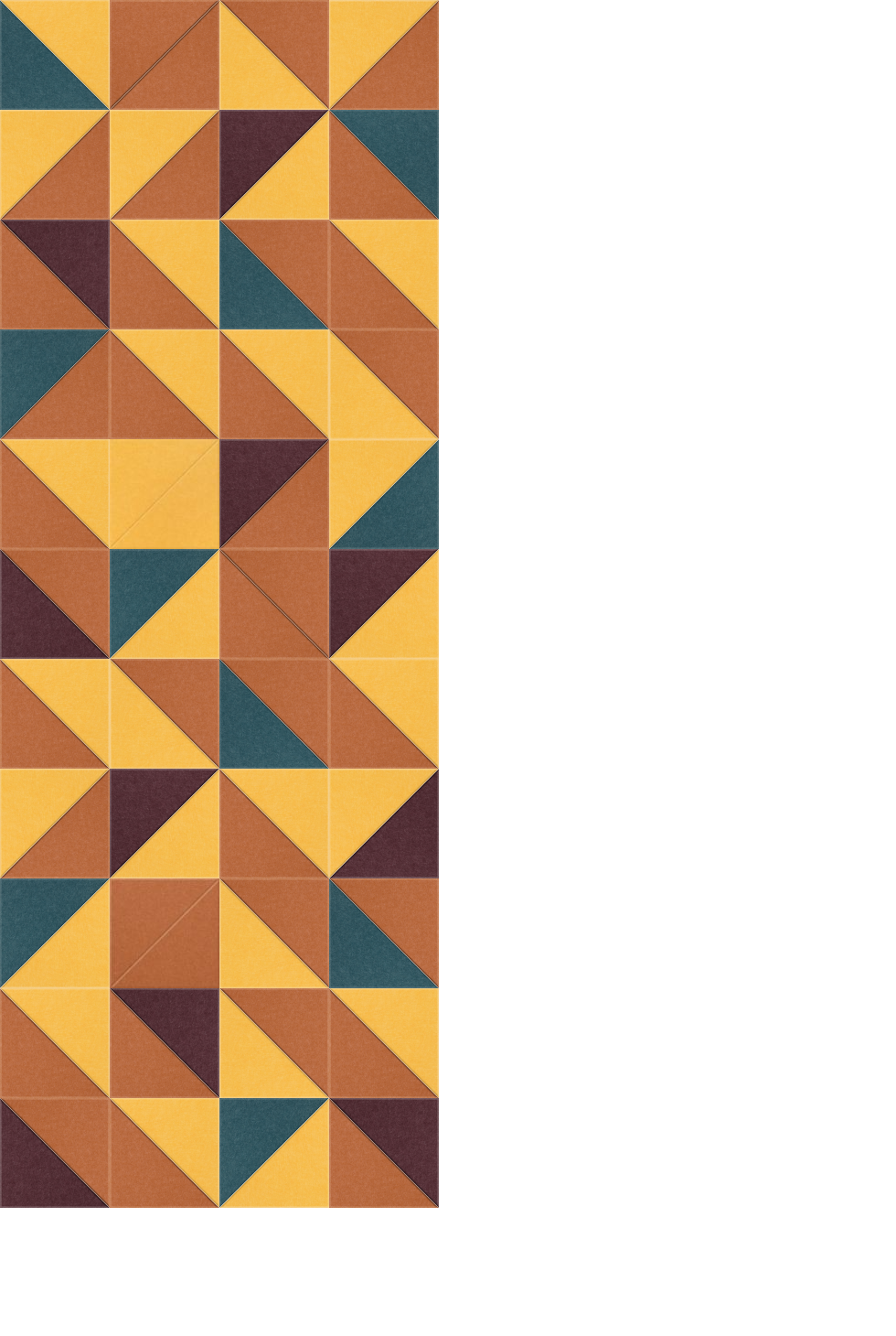 Geometric pattern with triangular tiles in gold, rust, teal, and burgundy arranged in repeating quilt-like design.