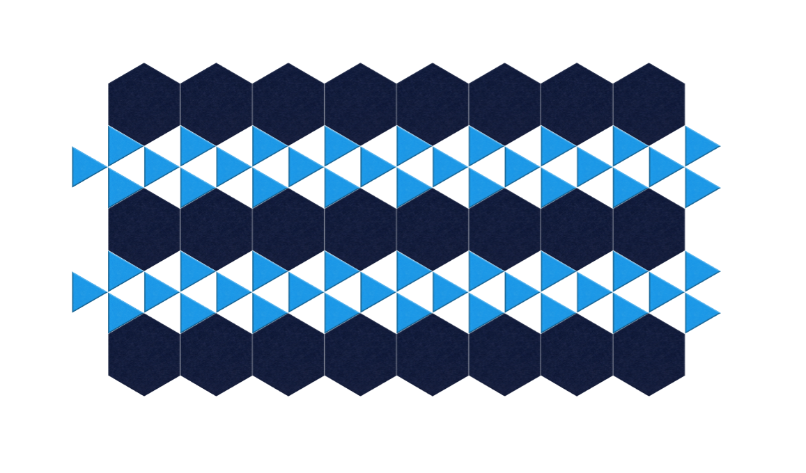 Navy hexagons and blue and white triangles in geometric repeating pattern.