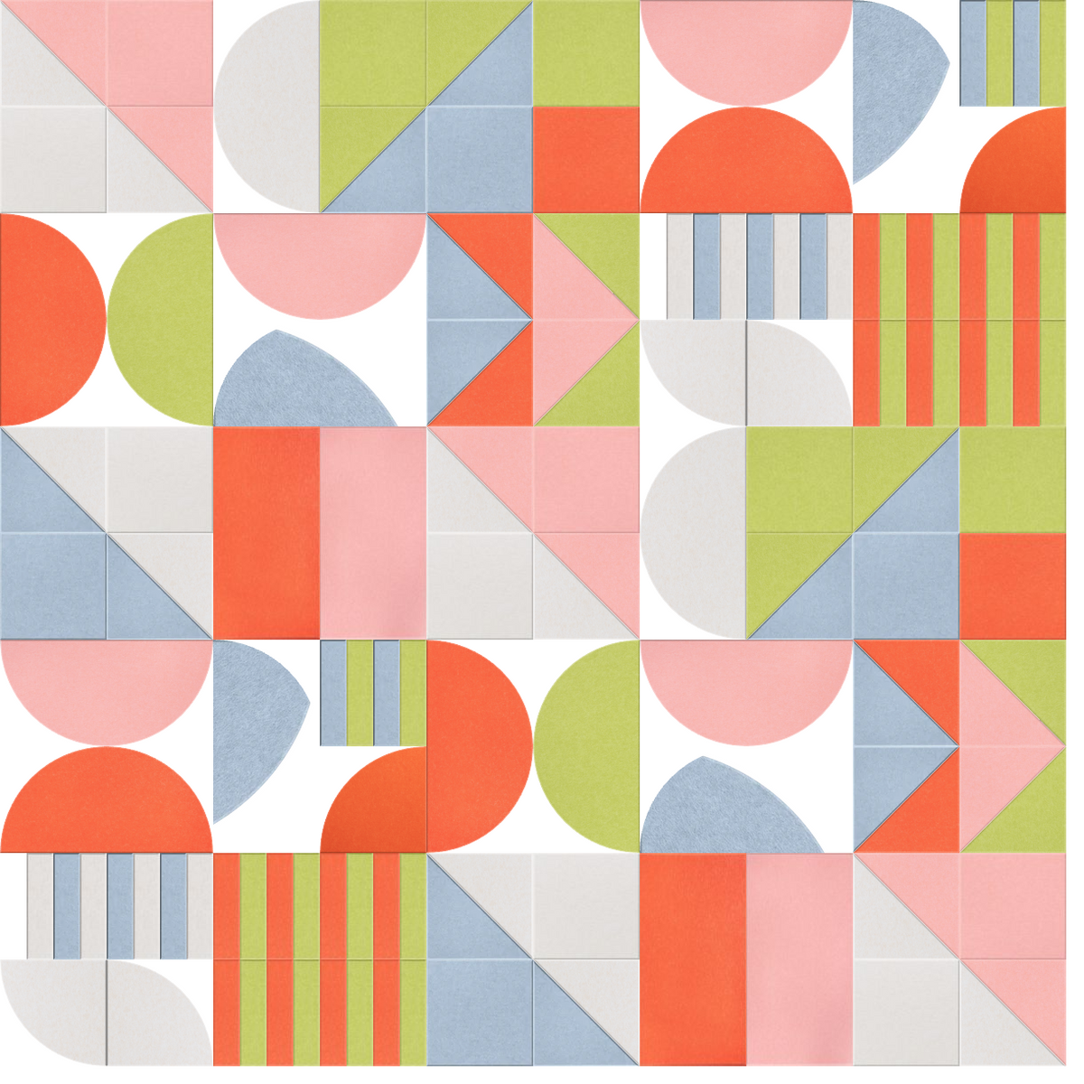 Abstract geometric pattern with circles, triangles, and stripes in coral, lime green, blue, pink, and gray on white backgroun