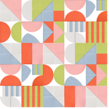 Abstract geometric pattern with circles, triangles, and stripes in coral, lime green, blue, pink, and gray on white backgroun
