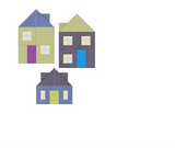 Three stylized houses in green, gray, and blue with contrasting colored doors and windows.