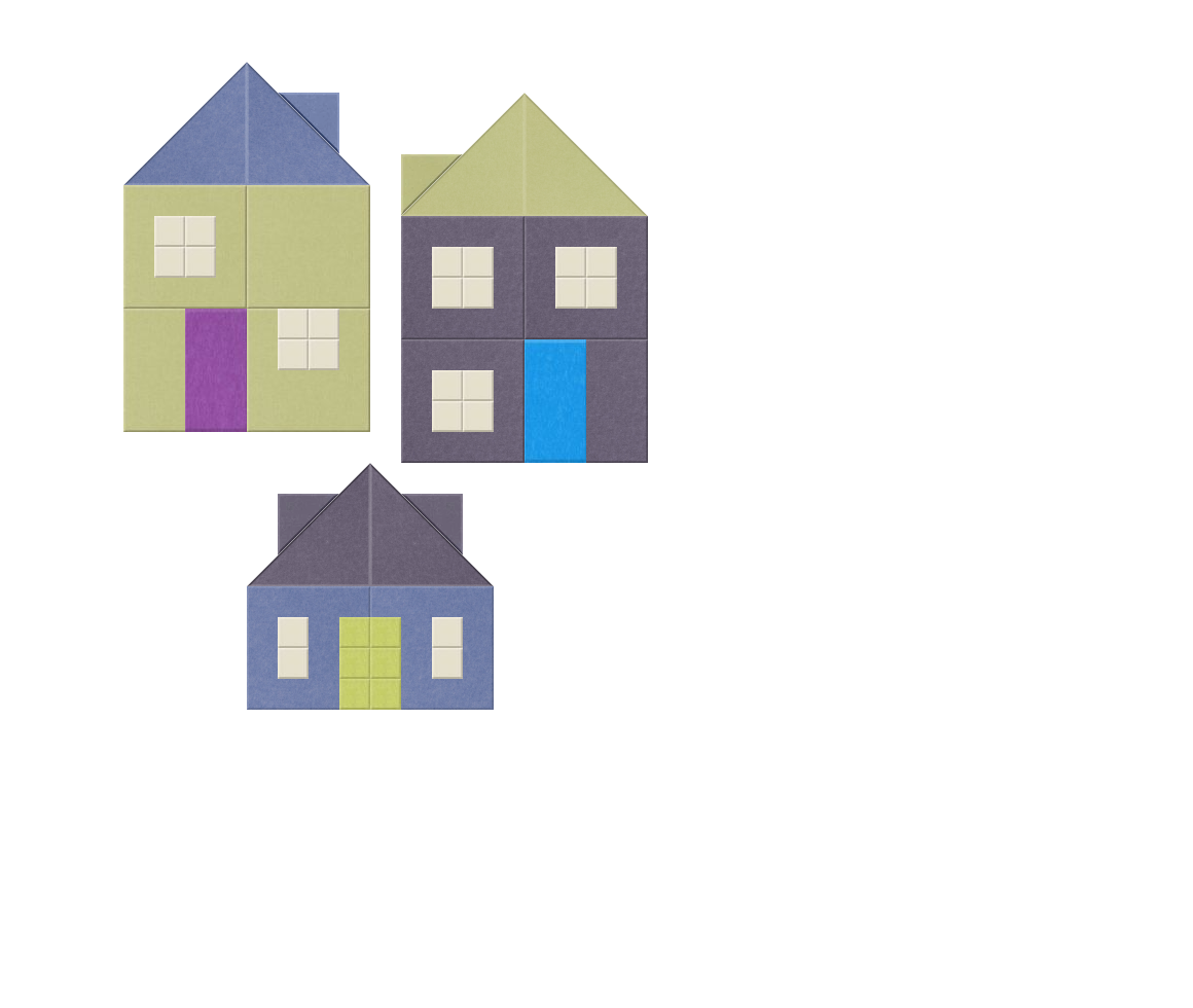 Three stylized houses in green, gray, and blue with contrasting colored doors and windows.