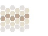 Grid of hexagonal tiles in beige, tan, and gray tones arranged in a honeycomb pattern.