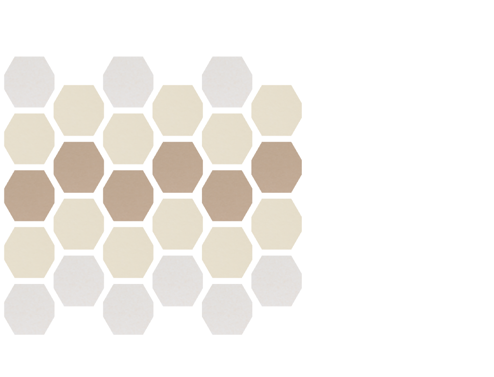Grid of hexagonal tiles in beige, tan, and gray tones arranged in a honeycomb pattern.