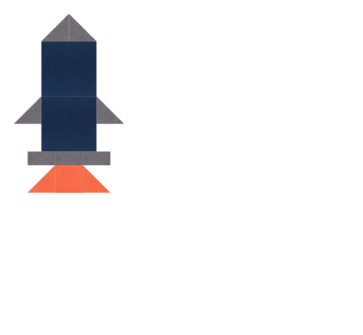 Geometric rocket illustration with navy body, gray fins and nose cone, and orange flame base.