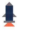Geometric rocket illustration with navy body, gray fins and nose cone, and orange flame base.
