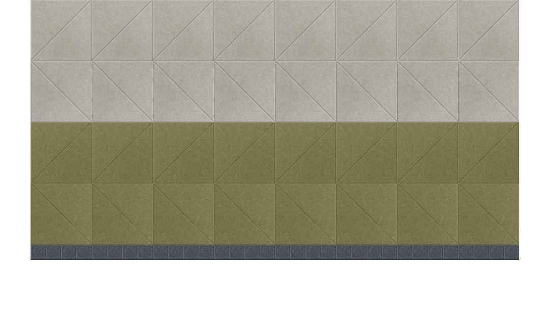 Geometric quilted fabric with beige top section, green stripe middle section, and dark gray bottom border with diagonal line 