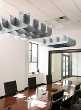 3D cloud acoustic baffles in a textured gray acoustic felt
