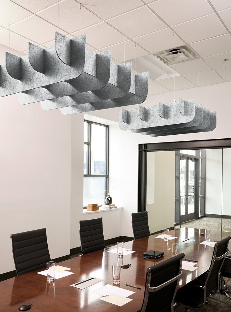 3D cloud acoustic baffles in a textured gray acoustic felt
