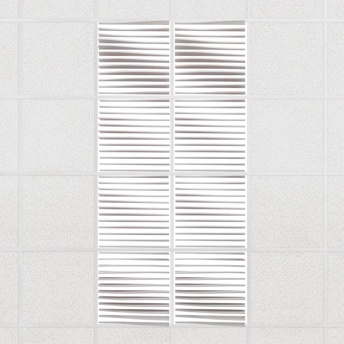 Ripple felt drop ceiling tiles in Fog with 3D wave fins, set of 8 in a 2 x 4 layout