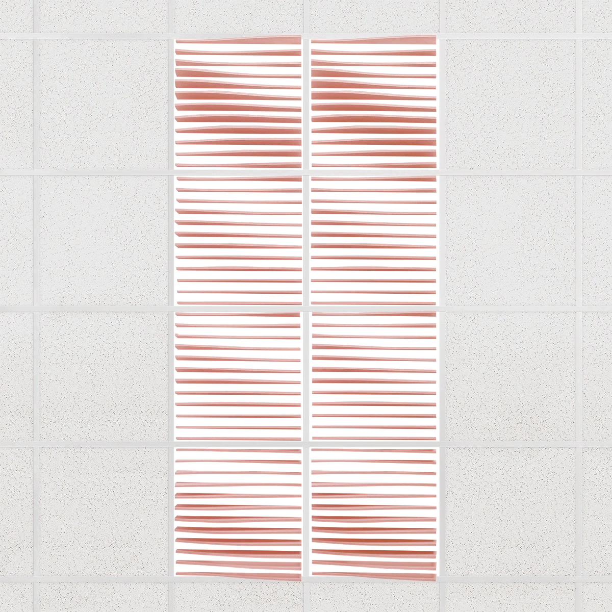 Ripple felt drop ceiling tiles in Coral with 3D wave fins, set of 8 in a 2 x 4 layout