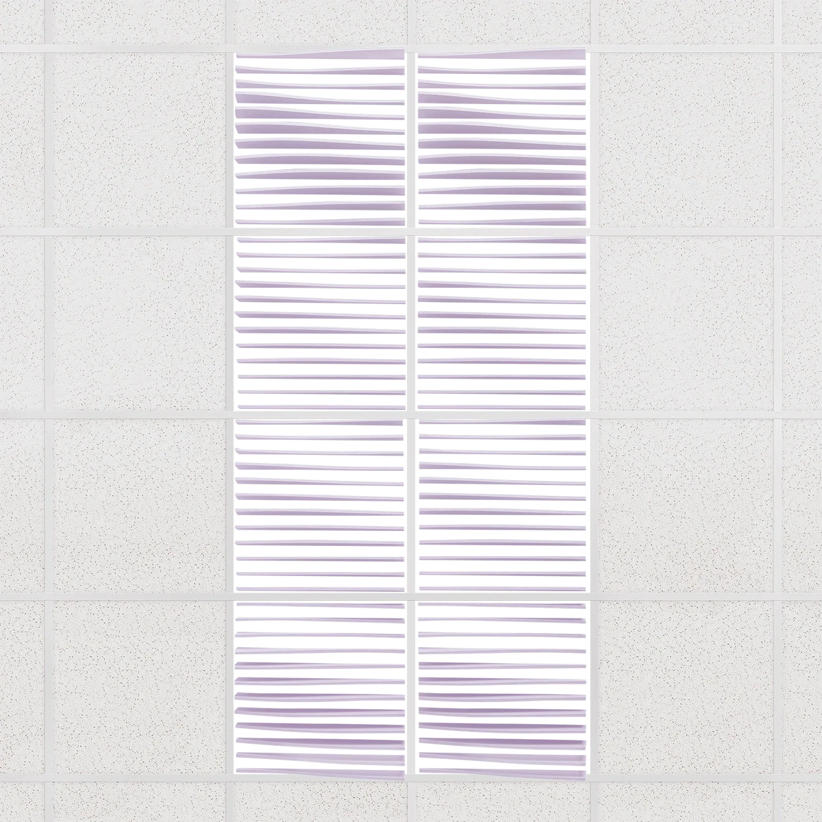 Ripple felt drop ceiling tiles in Lilac with 3D wave fins, set of 8 in a 2 x 4 layout