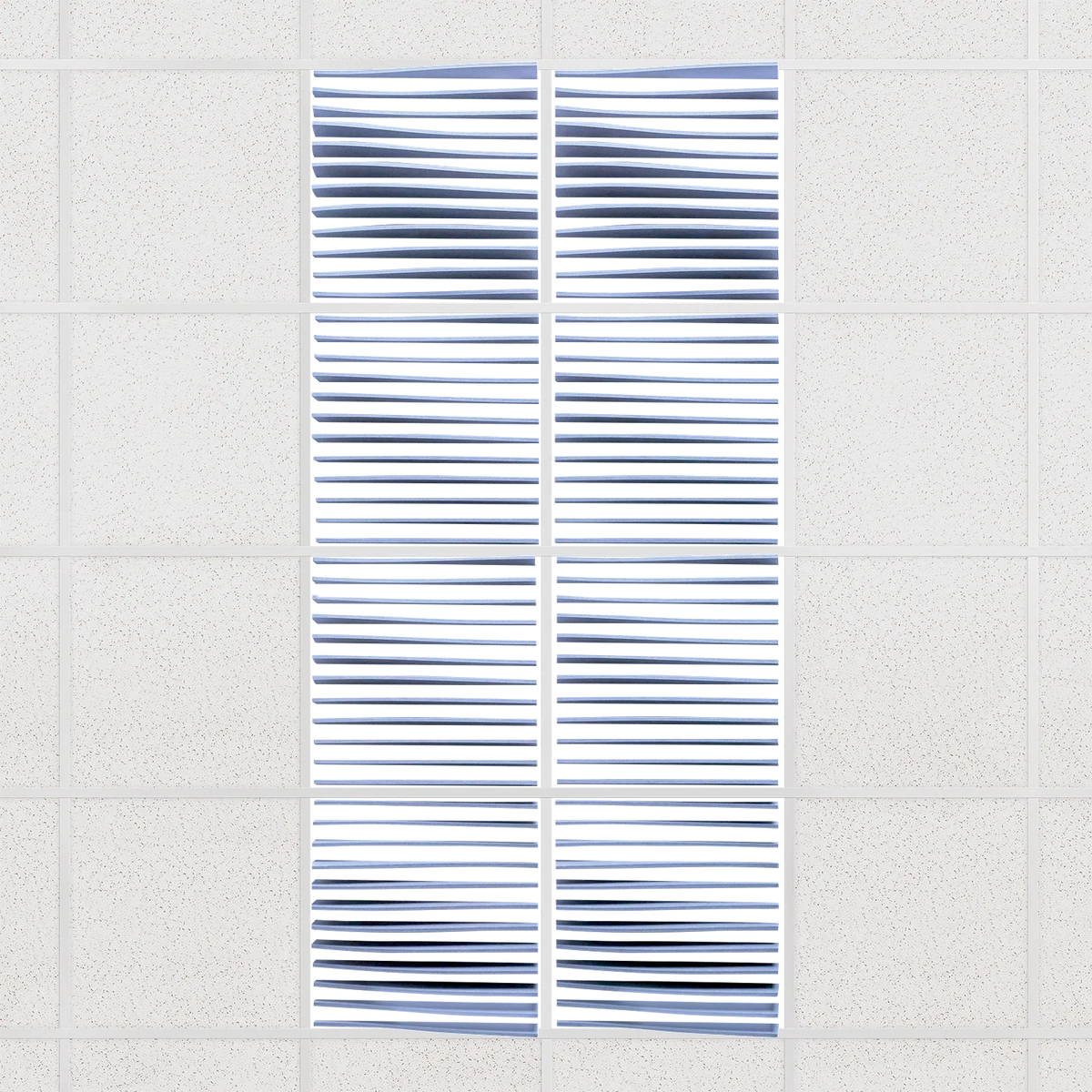 Ripple felt drop ceiling tiles in Periwinkle with 3D wave fins, set of 8 in a 2 x 4 layout