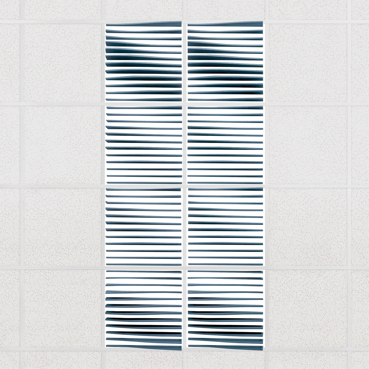 Ripple felt drop ceiling tiles in Slate Blue with 3D wave fins, set of 8 in a 2 x 4 layout
