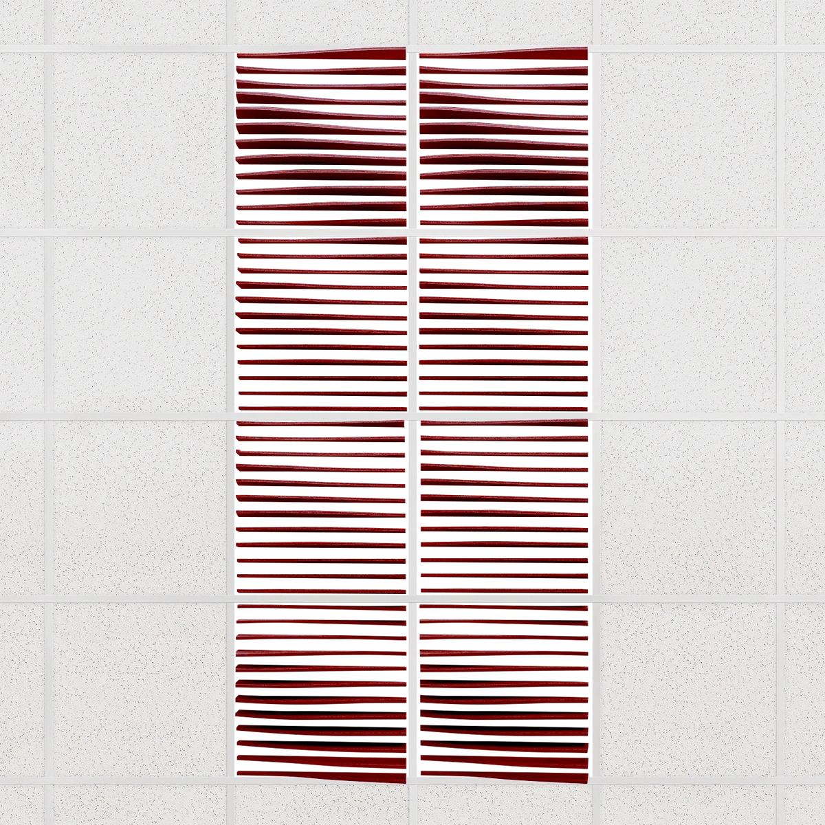 Ripple felt drop ceiling tiles in Crimson with 3D wave fins, set of 8 in a 2 x 4 layout