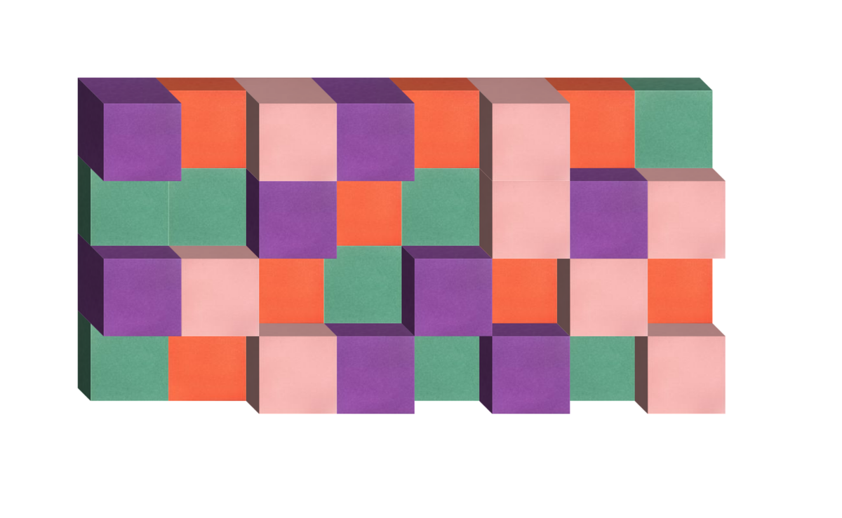 Three-dimensional geometric design with interlocking purple, orange, pink, and green cubic blocks arranged in a staggered pat
