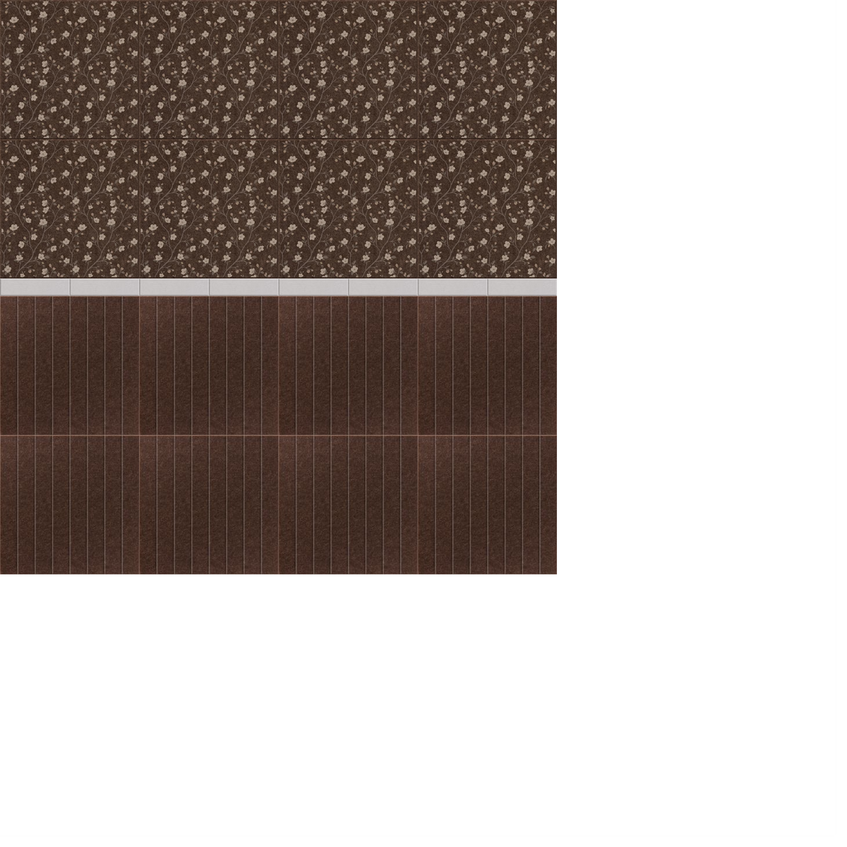 Brown wainscoting design with floral pattern on upper section and vertical beadboard paneling on lower section.