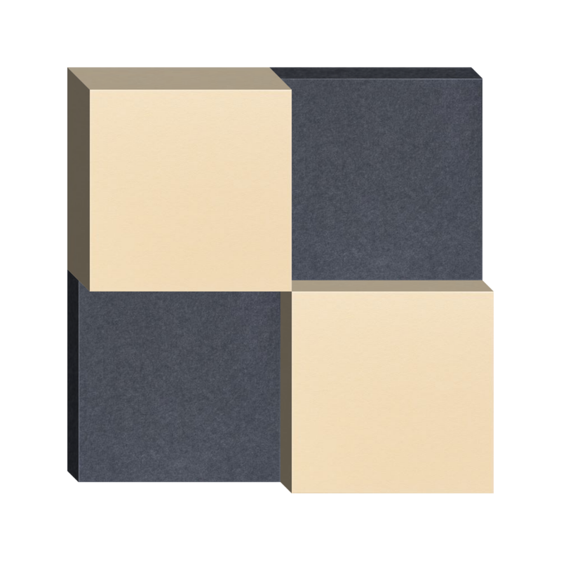 3D geometric design with four square panels in alternating cream and charcoal colors arranged in checkerboard pattern.