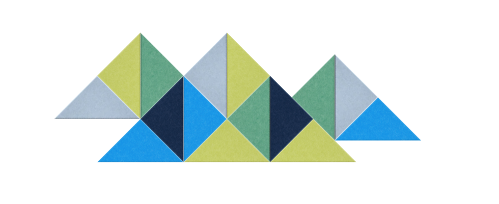 Geometric arrangement of overlapping triangles in blue, green, yellow, and navy colors.