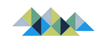 Geometric arrangement of overlapping triangles in blue, green, yellow, and navy colors.