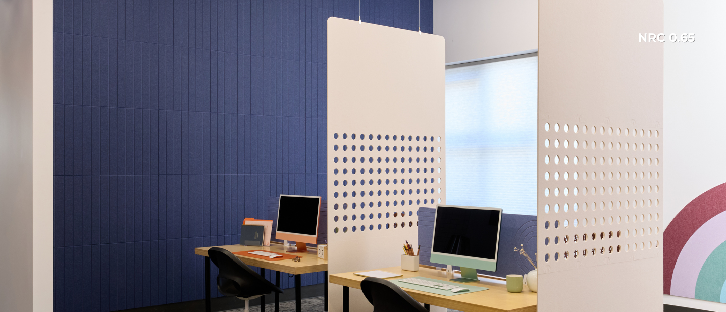 Modern office setup with computer monitors on desks against a blue wall.